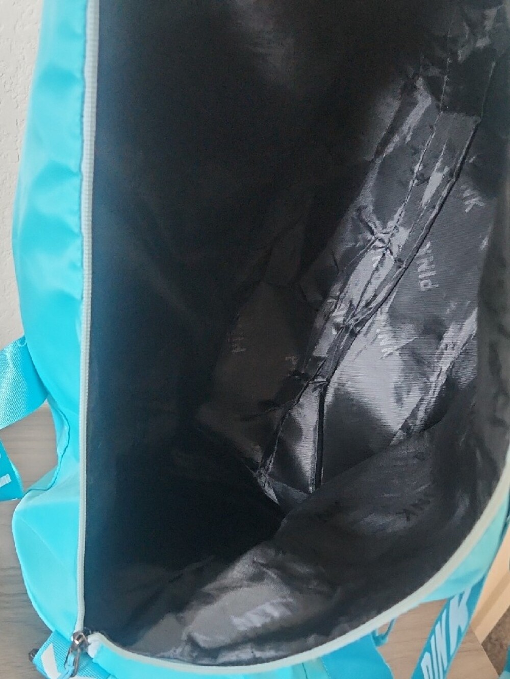 PINK Victoria's Secret Turquoise Duffel with Iridescent Lettering - Picture 3 of 4